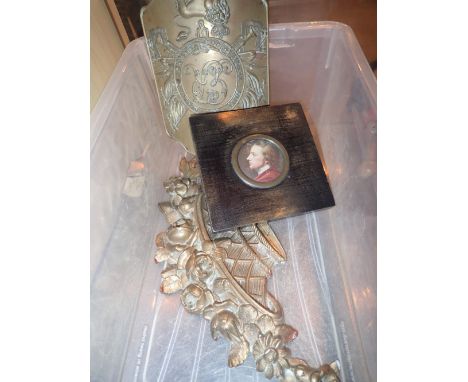 Reproduction military cap badge Ormolu flower basket and a portrait miniature 