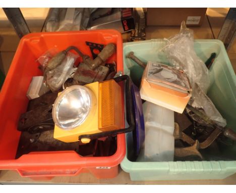 Two boxes of mixed tools fixtures and fittings etc