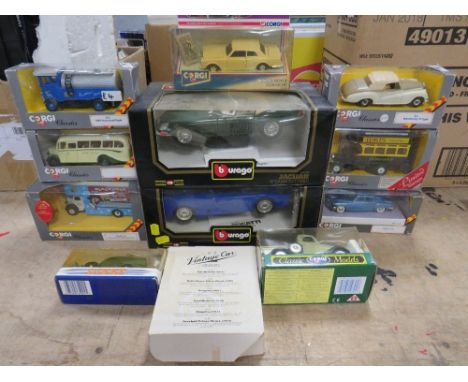 TWO BOXED BURAGO 1:18 SCALE CARS, 1991 Bugatti and 1961 Jaguar, both boxes A/F, six boxed Corgi Classic vehicles, boxed Corgi