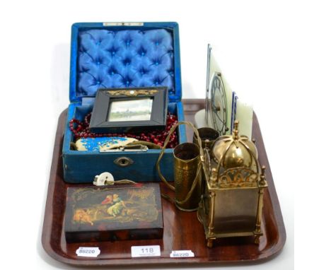 A Deco mantle clock, modern lantern timepiece, blue hinged box enclosing beads, small bead work panels, pair of small brass s