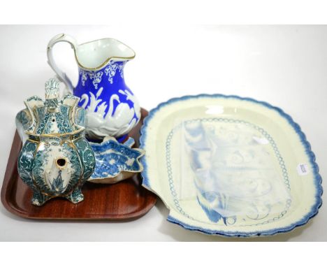 Cranberry glass, graduated set of jasperware jugs, Victorian blue jug embossed with swans, pearlware plate (a.f.), teapot, pi