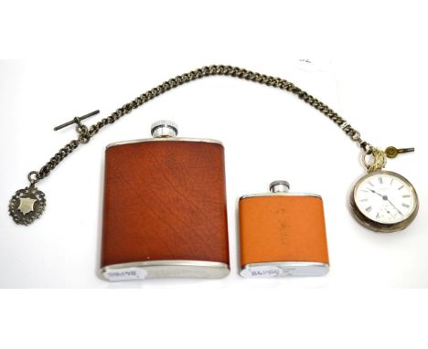 A silver gent's pocket watch on a chain, with two hip flasks (3)