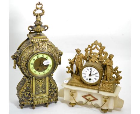 A gilt metal and alabaster figural mantel clock together with a brass mantel clock in the Classical taste (a.f) (2)