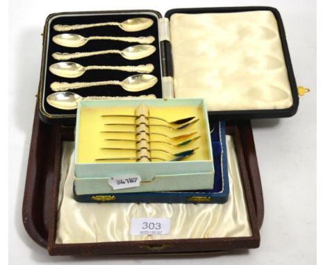 Three cased sets of six silver teaspoons and a Norway sterling set of six enamel teaspoons9.7ozt