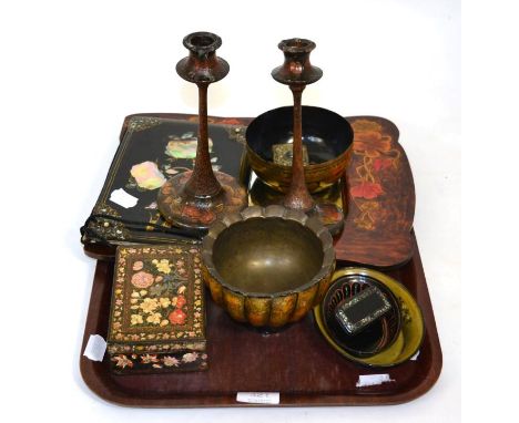 A group of lacquered and other items including a 19th century mother of pearl inlaid blotting pad, a similar snuff box, also 