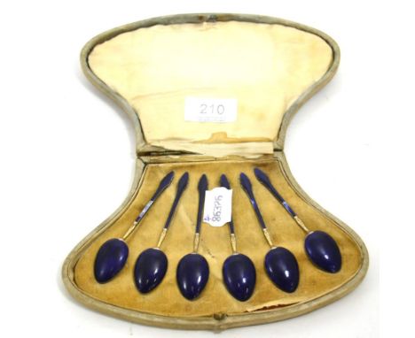 A cased set of six blue enamel teaspoons stamped '925' (a.f.)