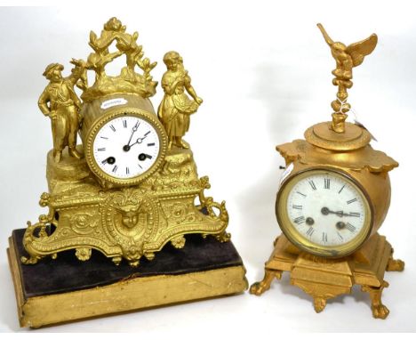 A gilt metal figural striking mantel clock together with another gilt metal mantel clock (2) 