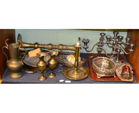 A quantity of metal wares including 19th century brass chamber stick, silver painted candelabra etc 