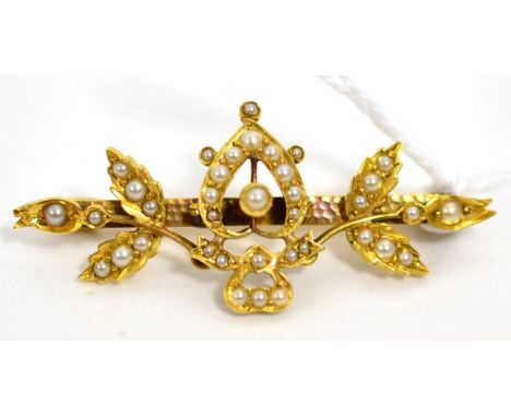 A seed pearl bar brooch stamped '9c', 4.7g gross