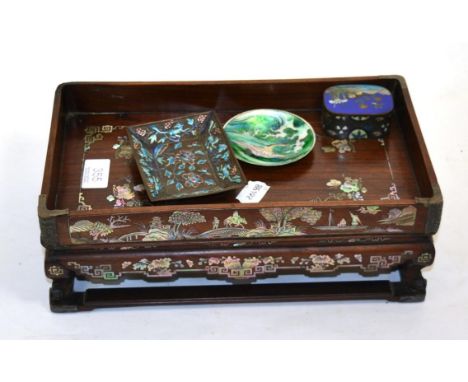 A Japanese mother of pearl inlaid stand, silver and enamel dish and two other items (4) 