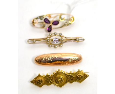 A garnet and seed pearl clover brooch and three other Victorian brooches (4)Hallmarked 9ct - 1.84g gross. Stamped 9C - 2.53g 