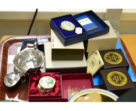 A silver sauce boat, silver serving spoon and group of enamel trinket boxes including Halcyon Days  4.9ozt