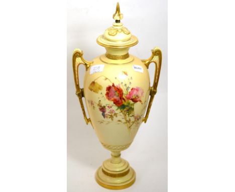 A Royal Worcester blush ivory two handled vase and cover 