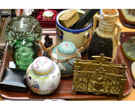 A group including two Victorian Sunderland dump paperweights, Studio pottery etc (qty) 