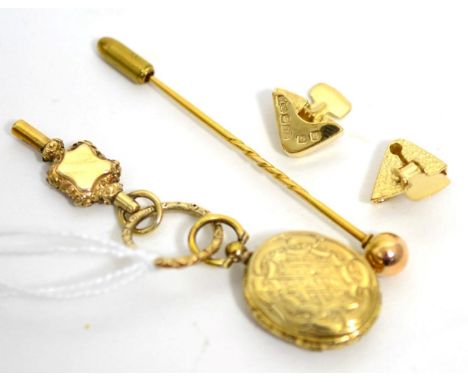 A double hinged locket with hairwork, with a watch key, a pair of 9ct gold collar clips and a stick pin, cased Double hinged 