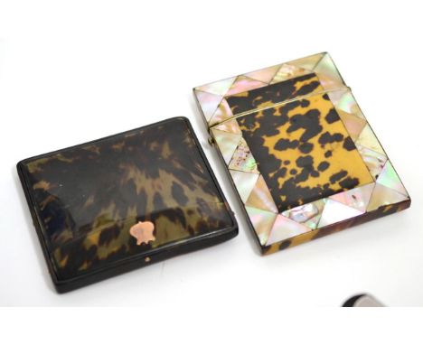 A gold mounted tortoiseshell cigarette case together with a mother of pearl and tortoiseshell card case, both 19th century 