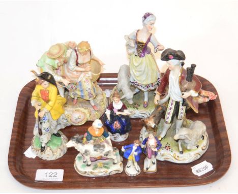 A group of 19th century continental porcelain figures together with a cock and hen enamel painted snuff box of similar date  
