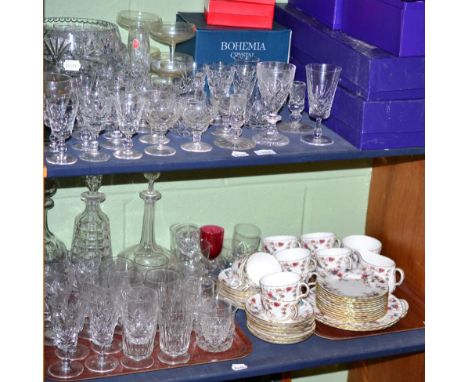 A group of glassware including Edinburgh crystal tumblers and wines (boxed), other drinking glasses and a Minton part tea ser