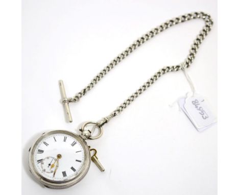 A silver open faced pocket watch and a silver curb link chain