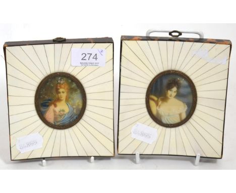 A pair of early 20th Century piano key portrait miniatures of ladies,  with tortoise shell mounts (2)