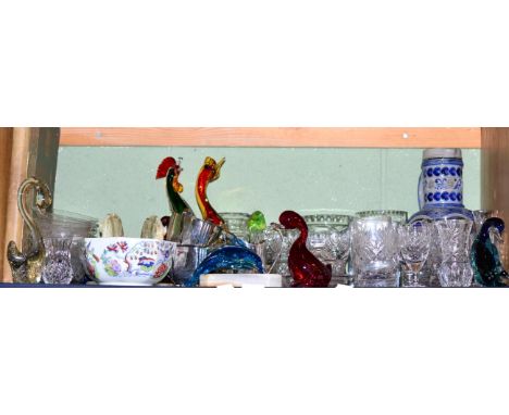 One vol Sixty Years a Queen, German pottery jug, coloured glass animal ornaments, Royal Doulton and other cut glassware, Carl