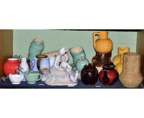 Nao figure group, Copenhagen vase, treacle glaze teapot, set of three pottery jugs, Upchurch Pottery tea set etc (shelf)