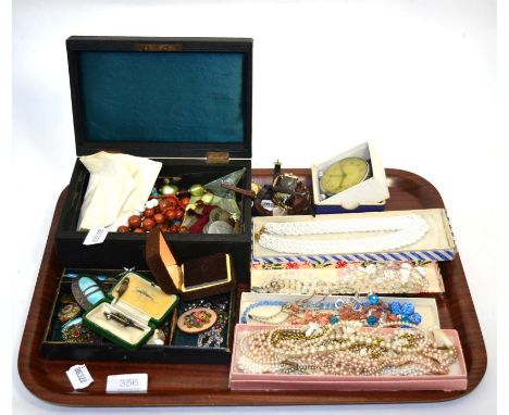 A group of costume jewellery including jet, Fattorini & Sons enamel badge, Ruskin type brooch, micro mosaic inset brooch toge