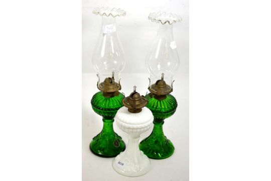 A Pair Of Casa Pupo Fish Moulded Green Glass Oil Lamps And Milk - Green Milk Glass Oil Lamp A Pair Of Casa Pupo Fish Moulded Green Glass Oil Lamps And Milk - Green Milk Glass Oil Lamp