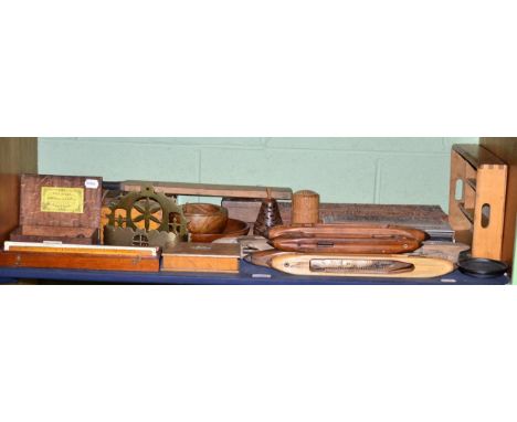 Two Indian caved hardwood boxes, various boxes, chess set, four vintage loom shuttles etc