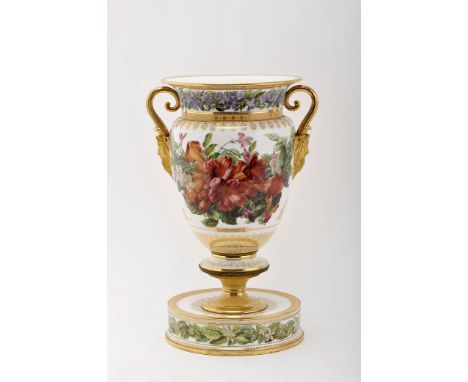 An amphora, Sèvres porcelain, yellow and gilt decoration with polychrome centres "Flowers" with listels identifying the plant