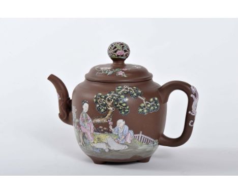 A Teapot, Chinese unglazed polychrome ceramic known as «Yixing» en relief, on a brown background "Oriental figures" and "Flow