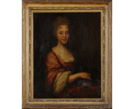 Portrait of a lady holding a compass, oil on canvas, English School, 18th C., relined, restoration, minor faults on the picto