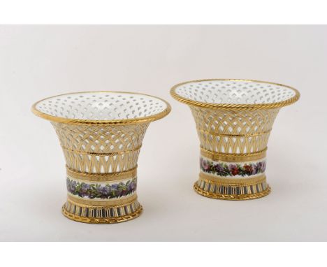 A pair of tall baskets, Sèvres porcelain, gilt and yellow decoration with polychrome stripes "Flowers", French, 19th C., mark