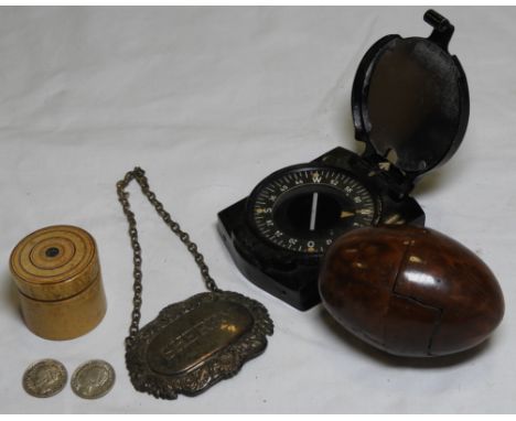 BAKELITE COMPASS, TREEN EGG, TREEN POT WITH LID, 2 X 10 CENT COINS & DECANTER LABEL   