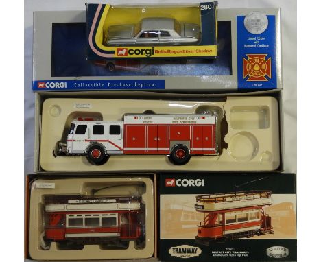 CORGI E-ONE RESCUE FIRE ENGINE, BELFAST TRAM & ROLLS ROYCE   