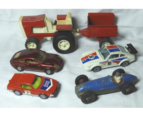 MODEL TRACTOR & TRAILER, 2 CORGI CARS, BURAGO PORSCHE & DINKY ALFA ROMEO 23F   