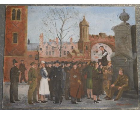 WILLIAM HELLICAR UNFRAMED OIL PAINTING WAR TIME SPEAKER & CROWD   