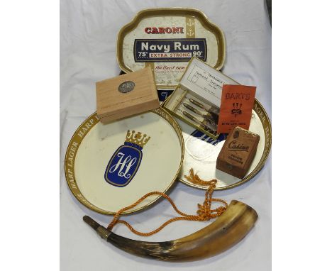 3 HARP LARGER & CARONI NAVY RUM PUB TRAYS, INVINCIBLE DARTS, HORN & CIGAR BOXES   