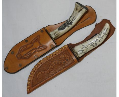 PAIR HUNTING KNIVES IN LEATHER SHEATH   