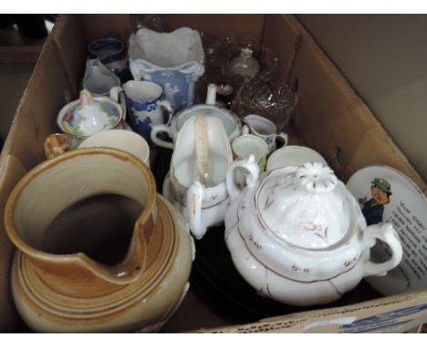A collection of ceramics including 19th Century stoneware jug having relief decoration of hunting interest, Rockingham teapot