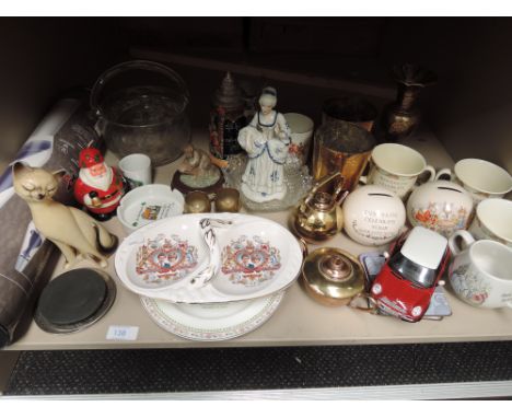 A shelf of mixed ceramics including bunnykins