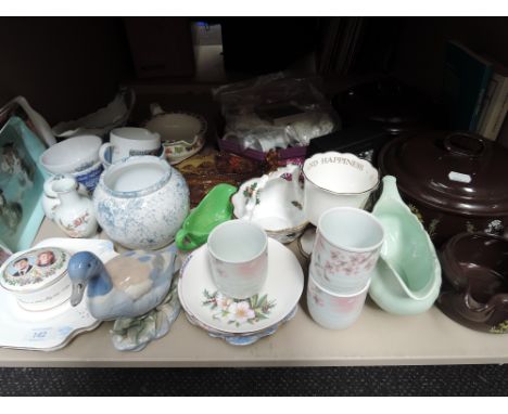 A shelf of mixed ceramics including Coalport