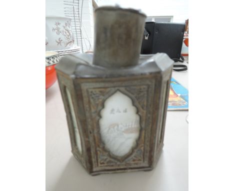 A Chinese anodized tea caddy having hand painted pictorial decoration