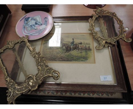 A pair brass photo frames and a print 'the young squire' after Finch Mason
