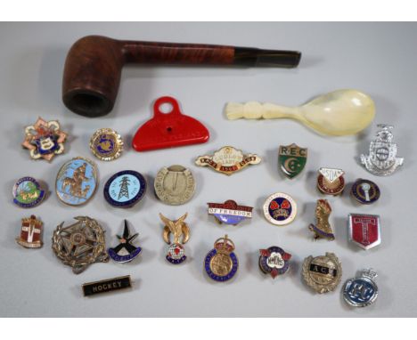 Plastic tub comprising collection of enamel badges including: Ludlow Lady Race Club 1961, RAC, the Fellowship of Freedom, ACM