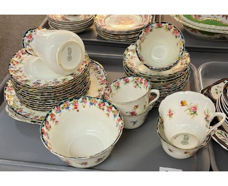 Royal Doulton bone china floral tea set comprising: six cups, twelve saucers, twelve side plates, two sandwich plates, sucrie