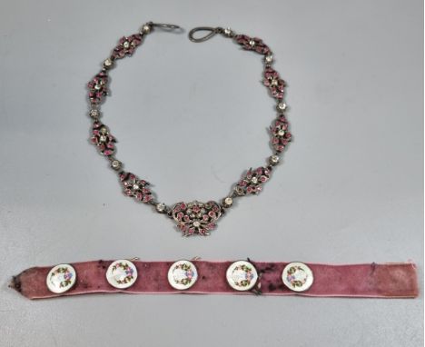 19th century French silver pink and white paste set necklace together wit ha set of five enamel buttons with rosebuds.  (B.P.