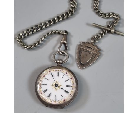 Silver and enamel ladies fancy fob watch with silver curb link Albert chain T bar and shield shaped fob.  (B.P. 21% + VAT) 