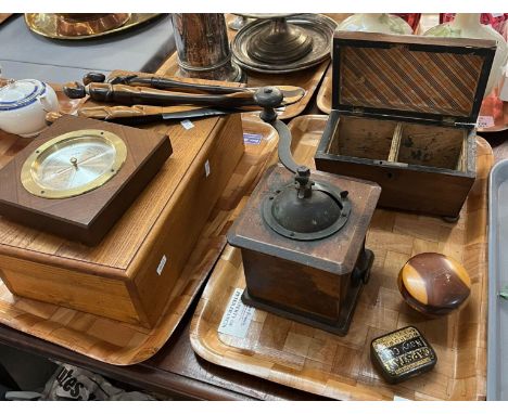 Assorted treen items to include: coffee grinder, Georgian sarcophagus tea caddy, elm box, African figural pieces, modern baro