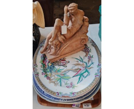 Tray of 19th Century meat plates to include; 'Willow' and 'Pekin' patterns etc. Together with a ceramic Classical style model